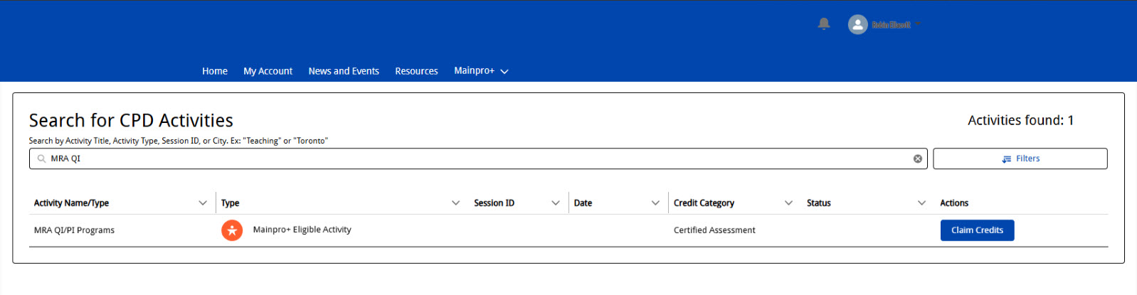 Screenshot of Mainpro+ eligibility